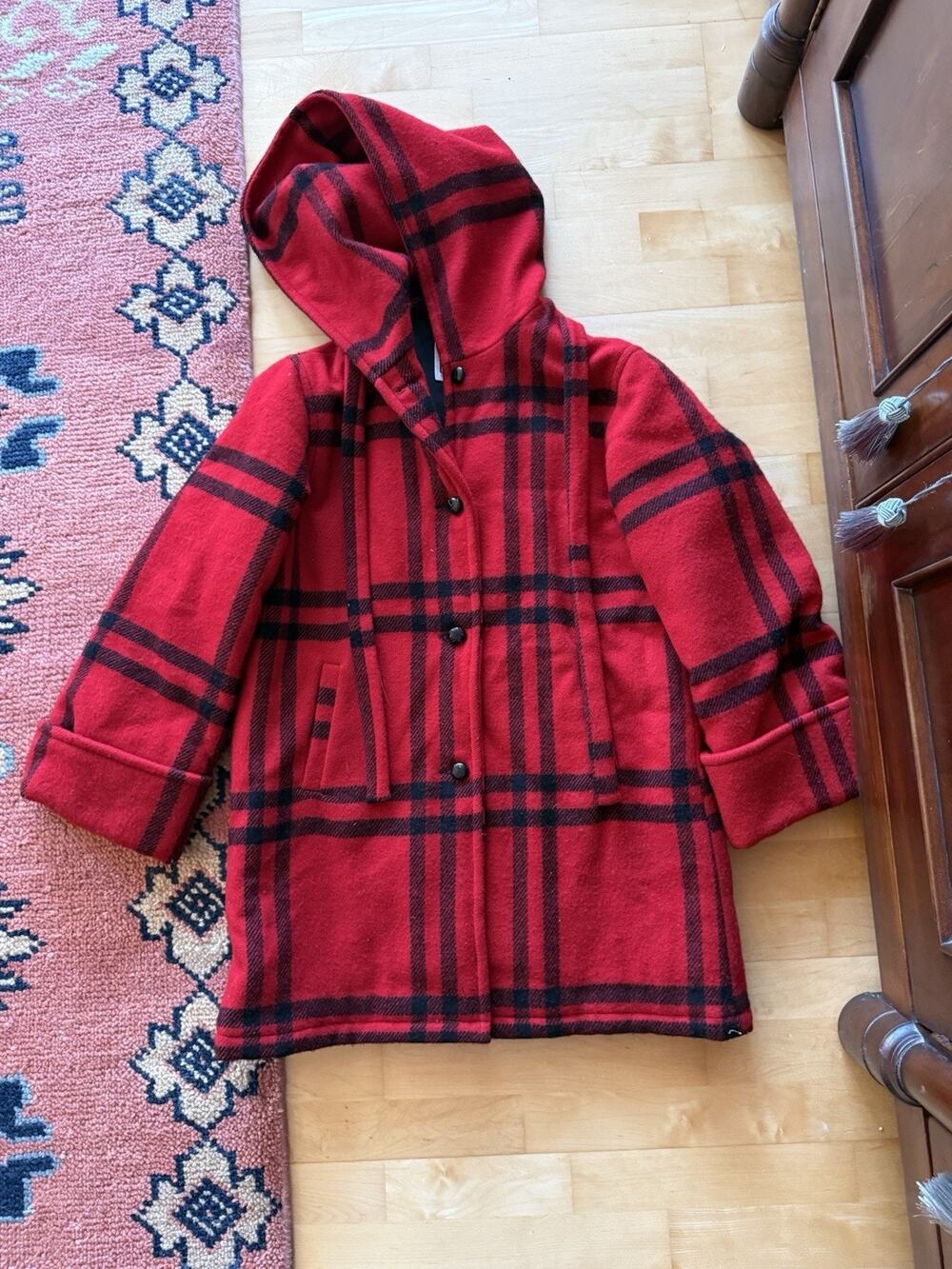 Woolrich Woman Red Black Plaid Hooded Lined Wool Coat M